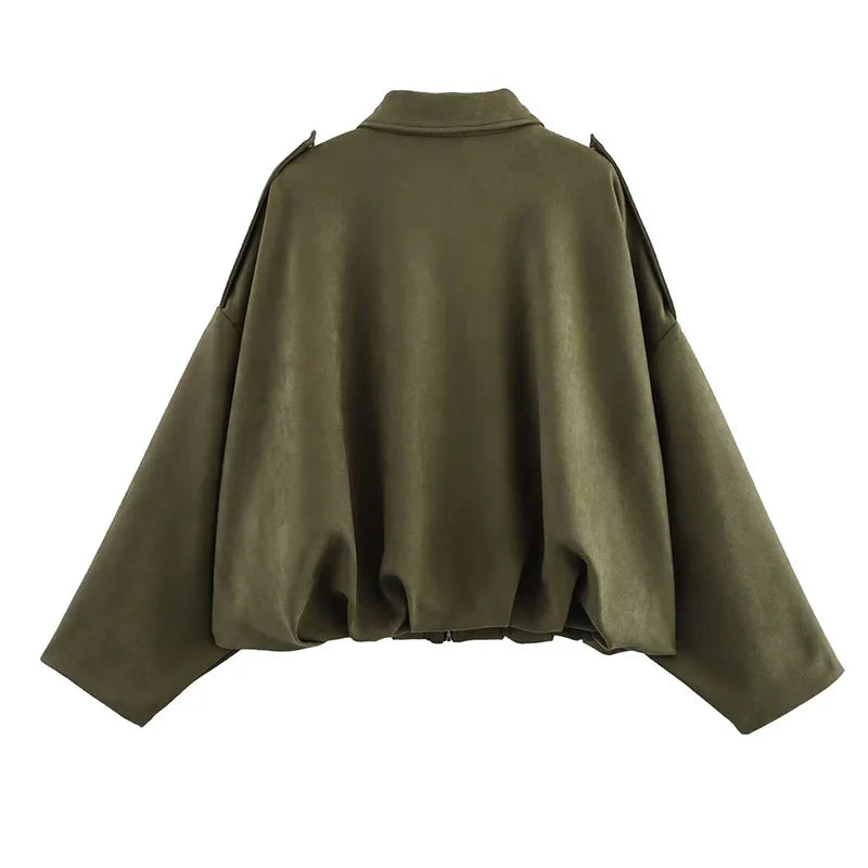 Women’s Vintage Bomber Jacket – RAFZNB Chic Turn-Down Collar Outerwear