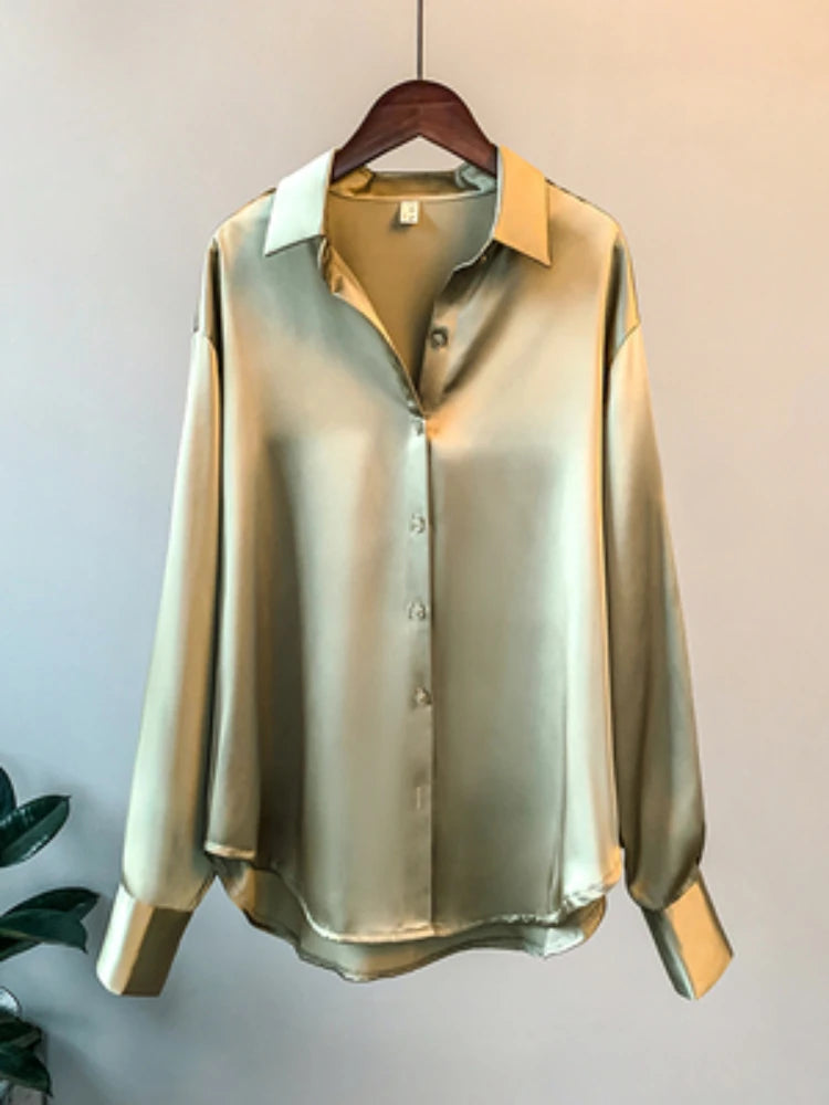 Luxury Satin Blouse – Korean Style Long Sleeve Office Wear