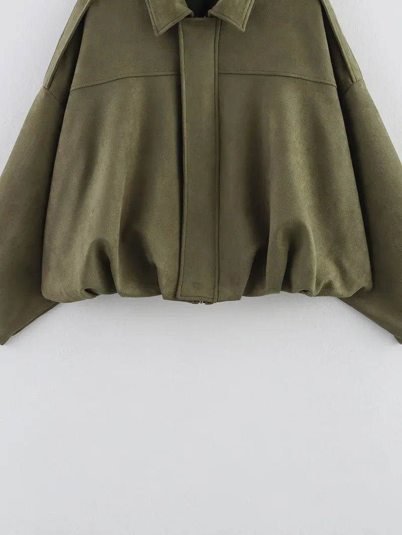 Women’s Vintage Bomber Jacket – RAFZNB Chic Turn-Down Collar Outerwear