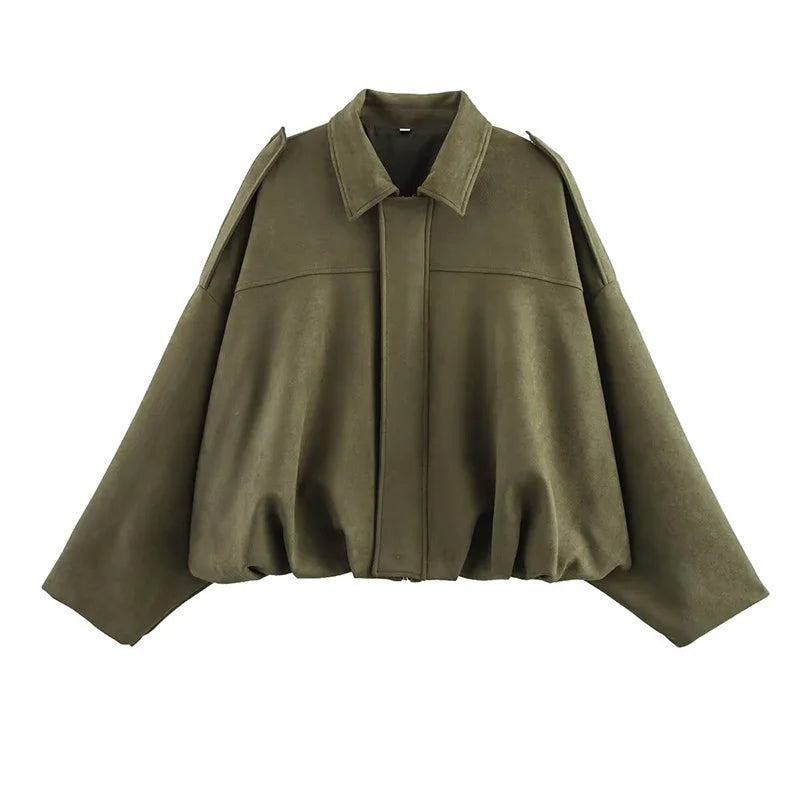 Women’s Vintage Bomber Jacket – RAFZNB Chic Turn-Down Collar Outerwear
