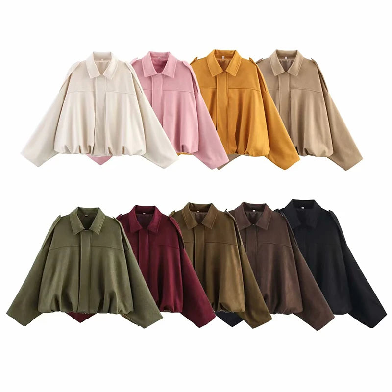 Women’s Vintage Bomber Jacket – RAFZNB Chic Turn-Down Collar Outerwear