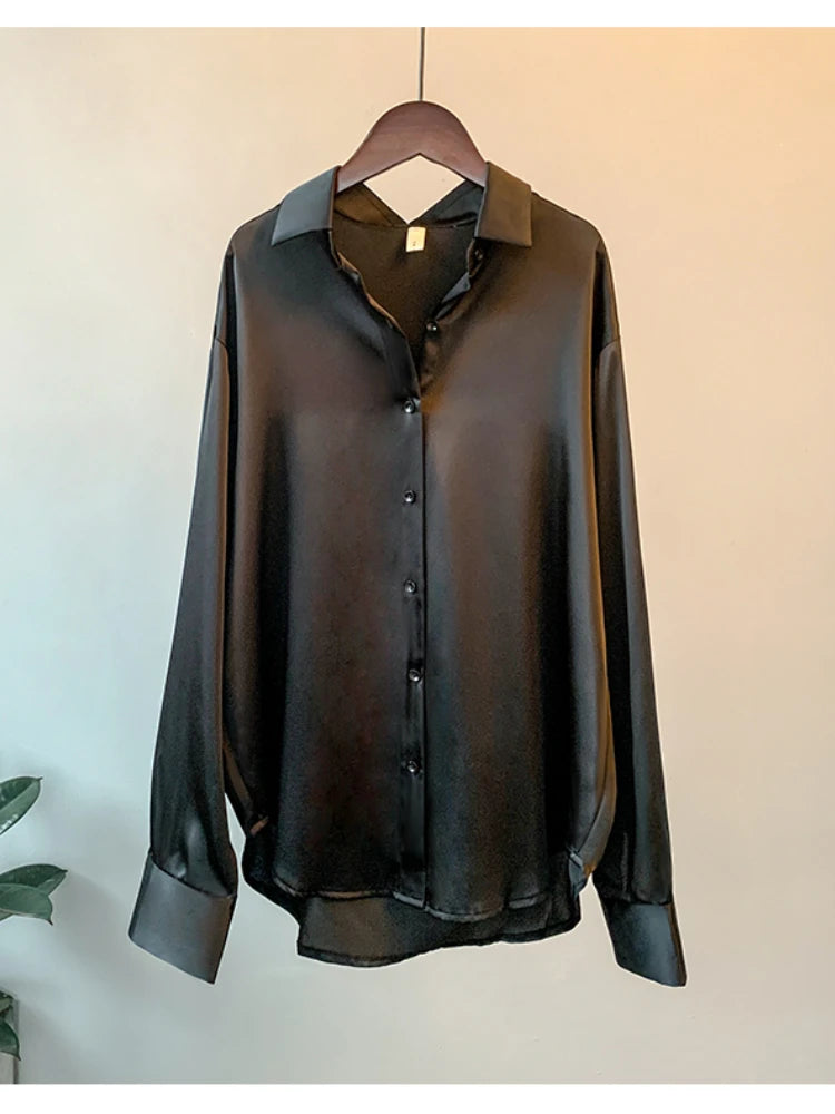 Luxury Satin Blouse – Korean Style Long Sleeve Office Wear