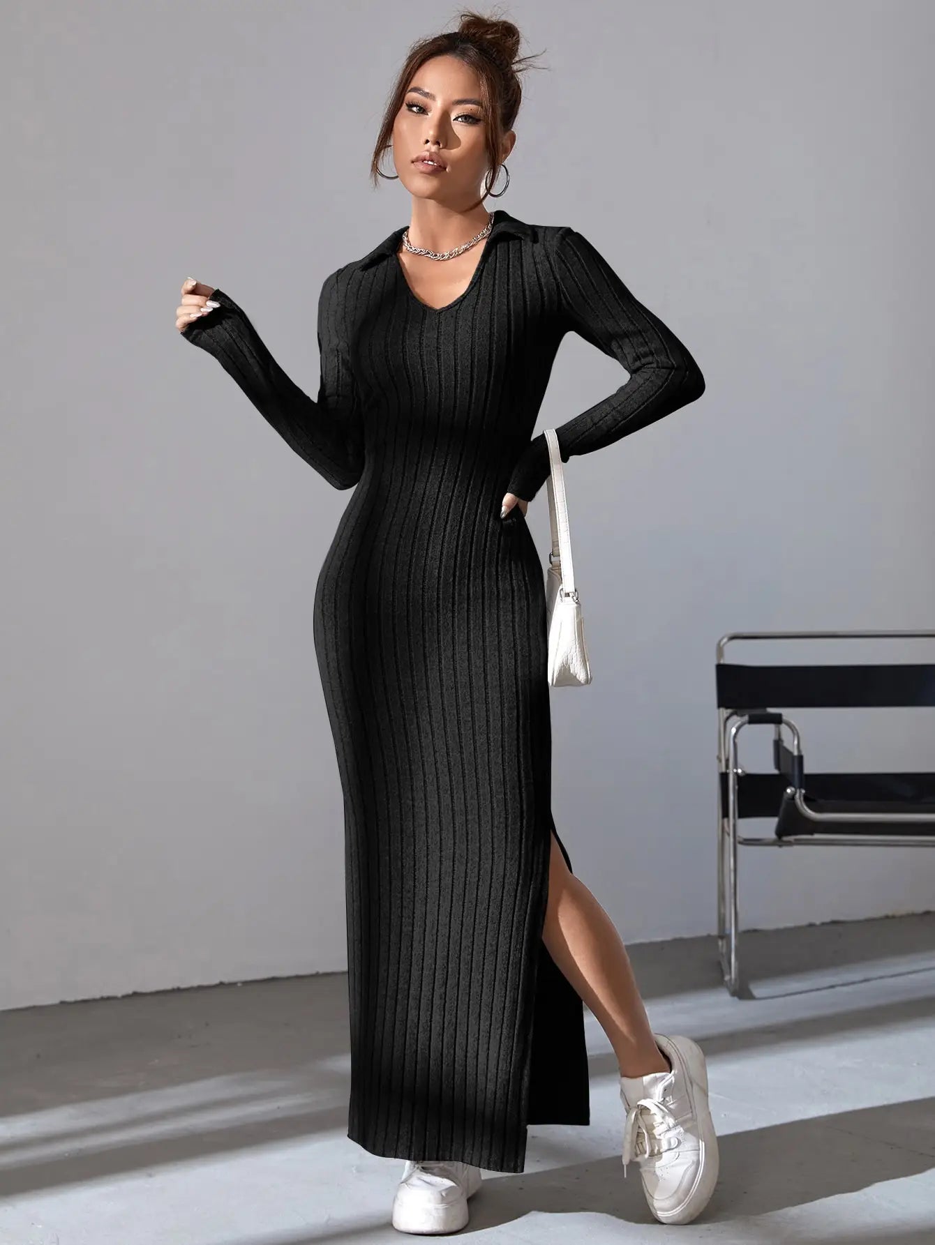 Black Vibe Knit Dress – Waist Wrap Elegance | Saazii