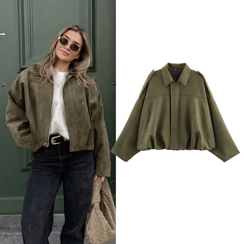 Women’s Vintage Bomber Jacket – RAFZNB Chic Turn-Down Collar Outerwear
