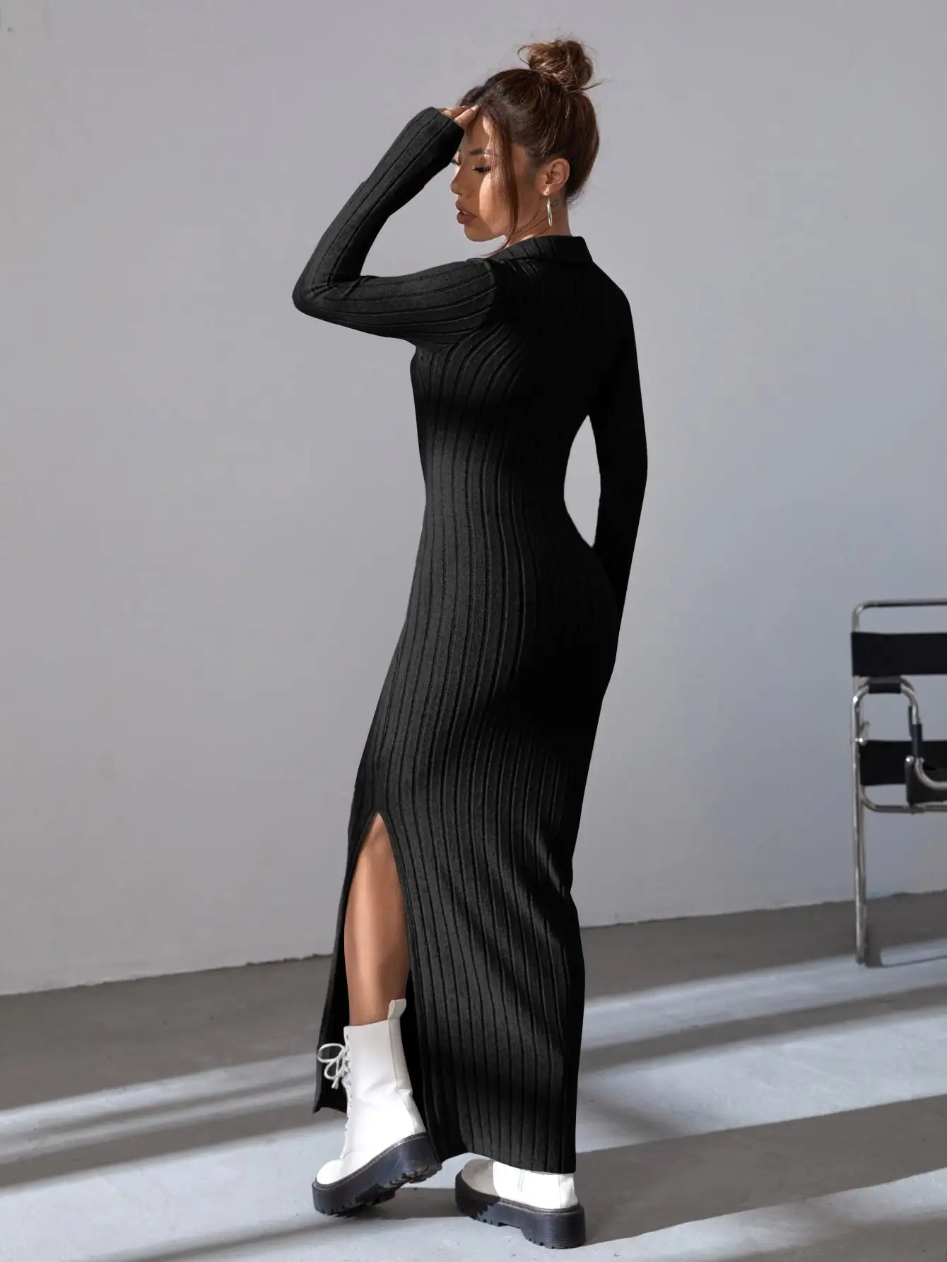 Black Vibe Knit Dress – Waist Wrap Elegance | Saazii