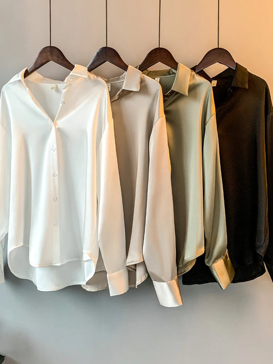 Luxury Satin Blouse – Korean Style Long Sleeve Office Wear