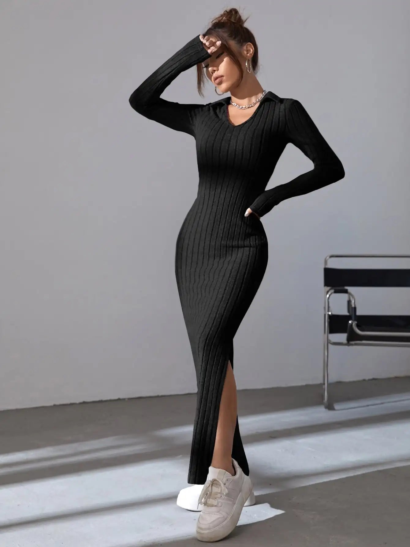 Black Vibe Knit Dress – Waist Wrap Elegance | Saazii