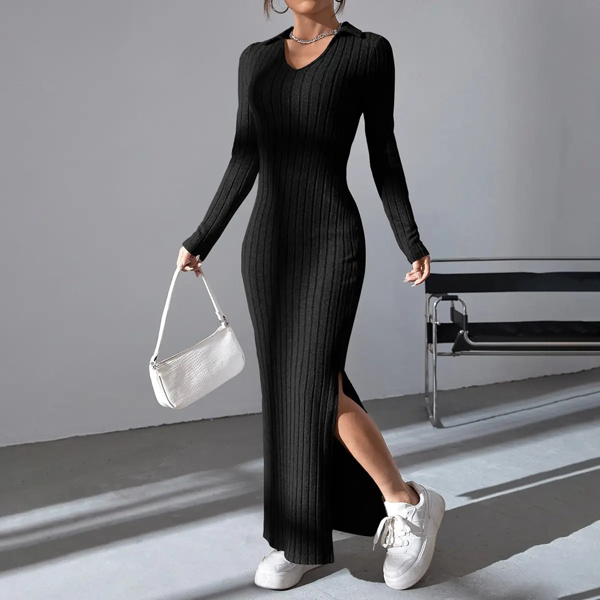 Black Vibe Knit Dress – Waist Wrap Elegance | Saazii